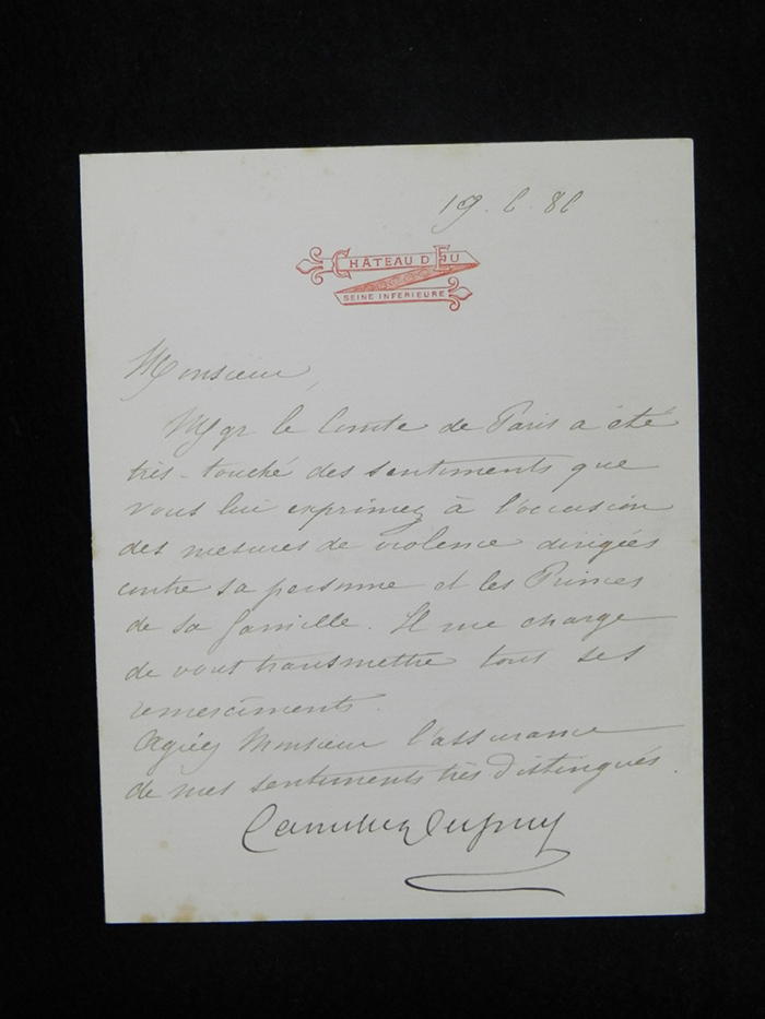 Lettre de Camille Dupuy, secrétaire particulier du comte de Paris à propos des lois d'exil de 1886